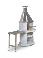 Dřevěný odkladácí stolek ke krbu s oválným napojením - šedý